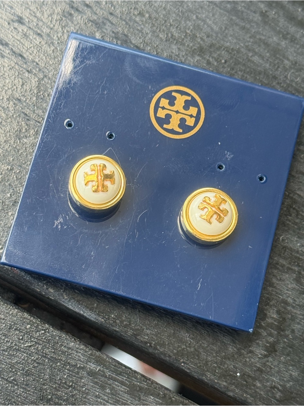 Tory Burch Gold and White Logo Round Stud Earrings